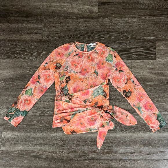 Ala Von Auersperg Mesh Top Taj Floral Print Sheer Long Sleeve Tie Waist Pink M - Picture 15 of 16